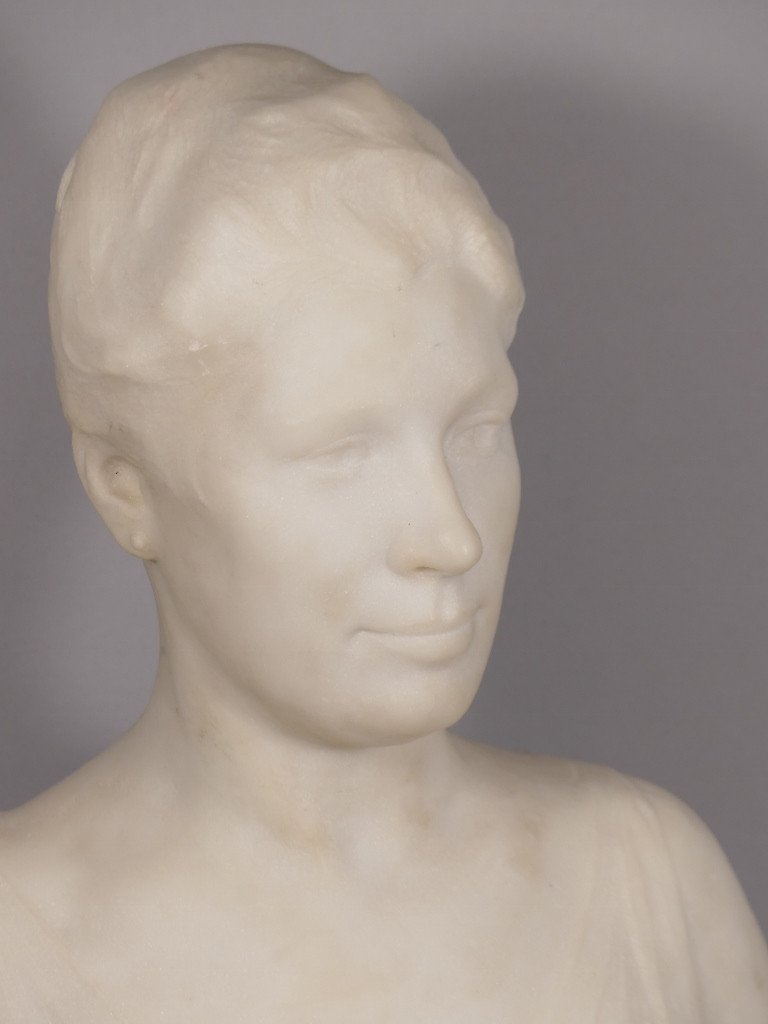 Louis Dubar ( 1876-1951), Sculpture Buste De Femme En Marbre Blanc De Carrare, époque Début XXè-photo-2