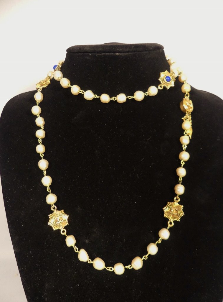 Chanel Vintage 1984, Grand Collier Sautoir Perles Et Soleil-photo-2