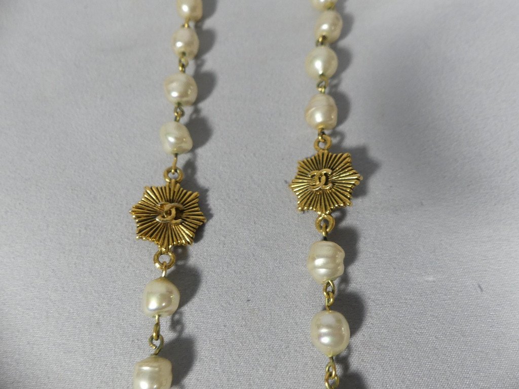 Chanel Vintage 1984, Grand Collier Sautoir Perles Et Soleil-photo-2