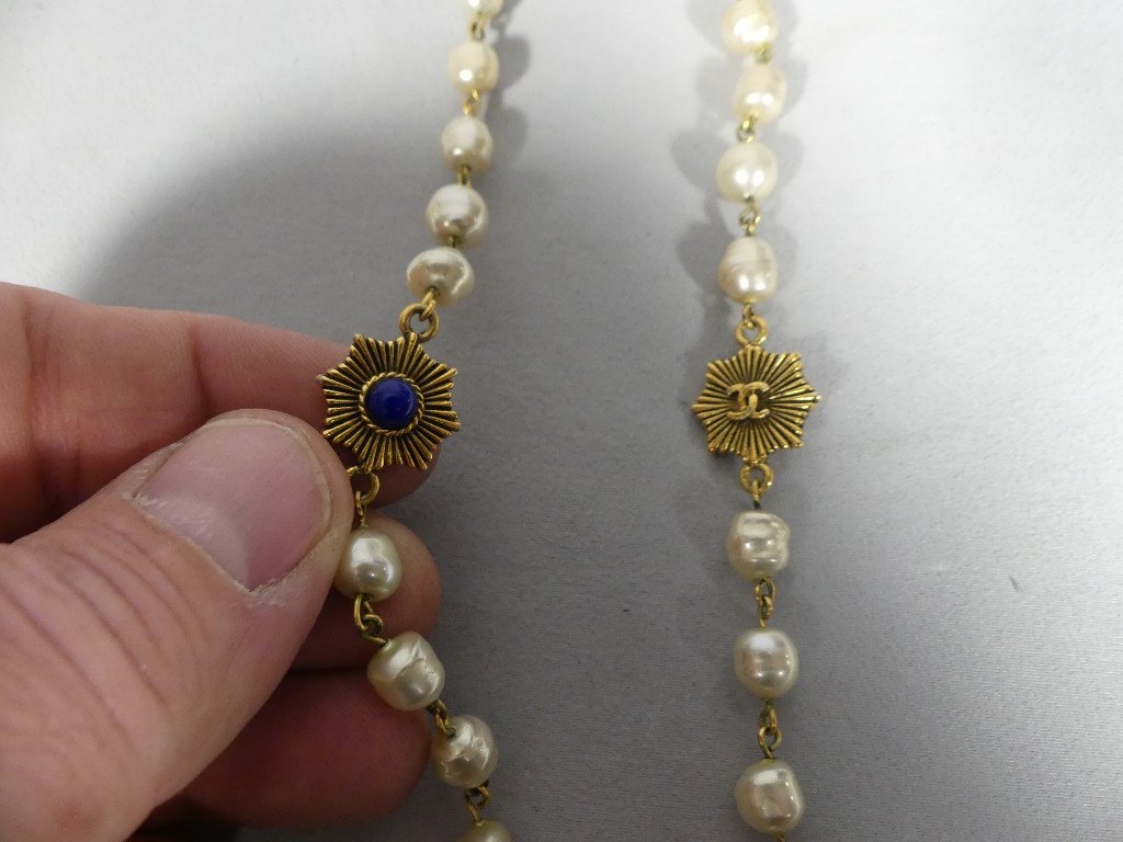 Chanel Vintage 1984, Grand Collier Sautoir Perles Et Soleil-photo-3