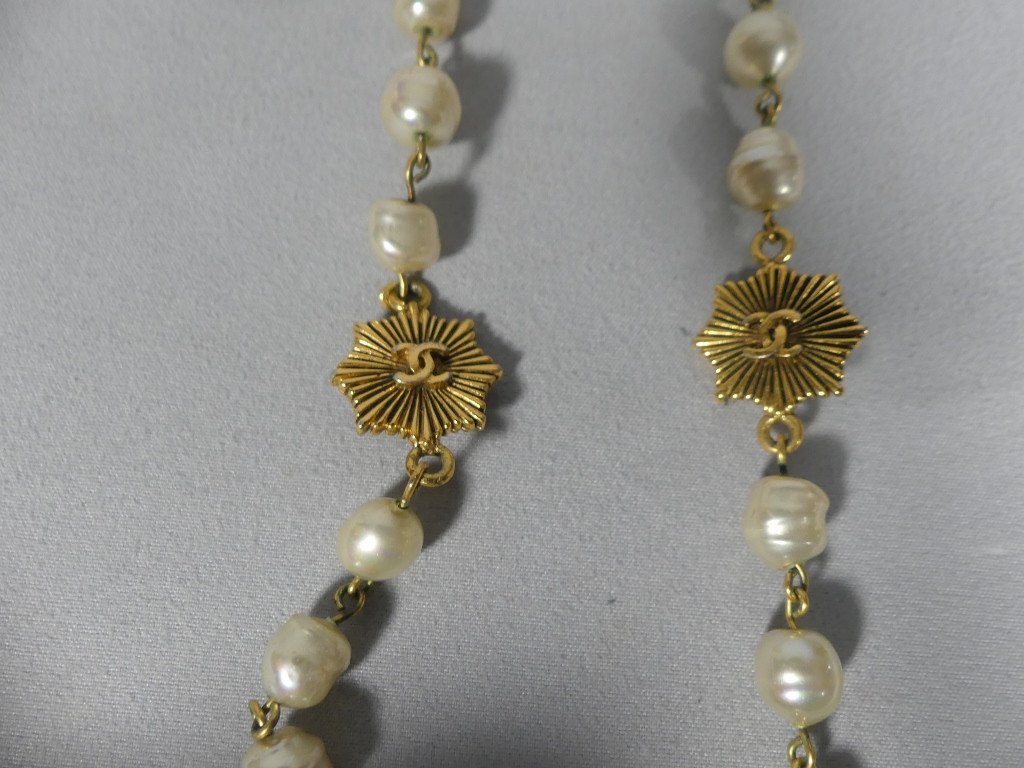 Chanel Vintage 1984, Grand Collier Sautoir Perles Et Soleil-photo-4