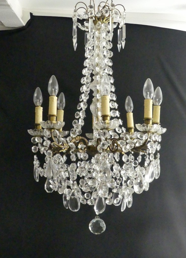 Pair Of Chandeliers With Glass And Brass Tassels, 8 Lights, Mid-20th Century-photo-2