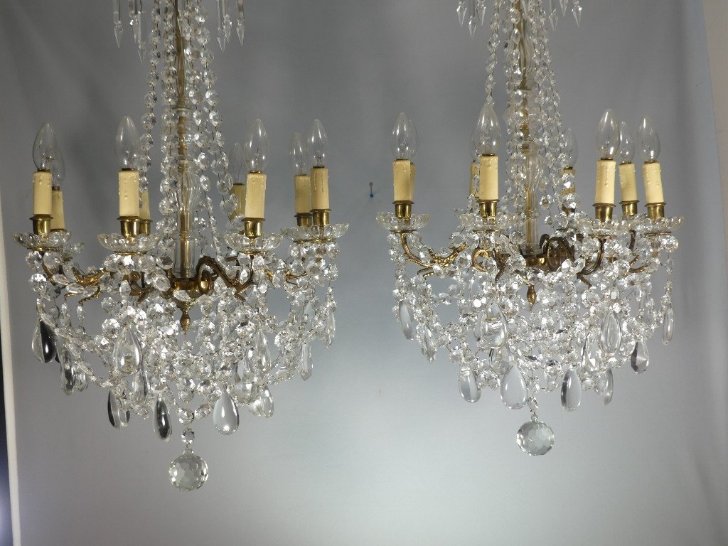 Pair Of Chandeliers With Glass And Brass Tassels, 8 Lights, Mid-20th Century-photo-3