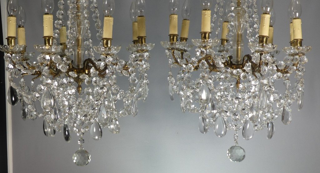 Pair Of Chandeliers With Glass And Brass Tassels, 8 Lights, Mid-20th Century-photo-4