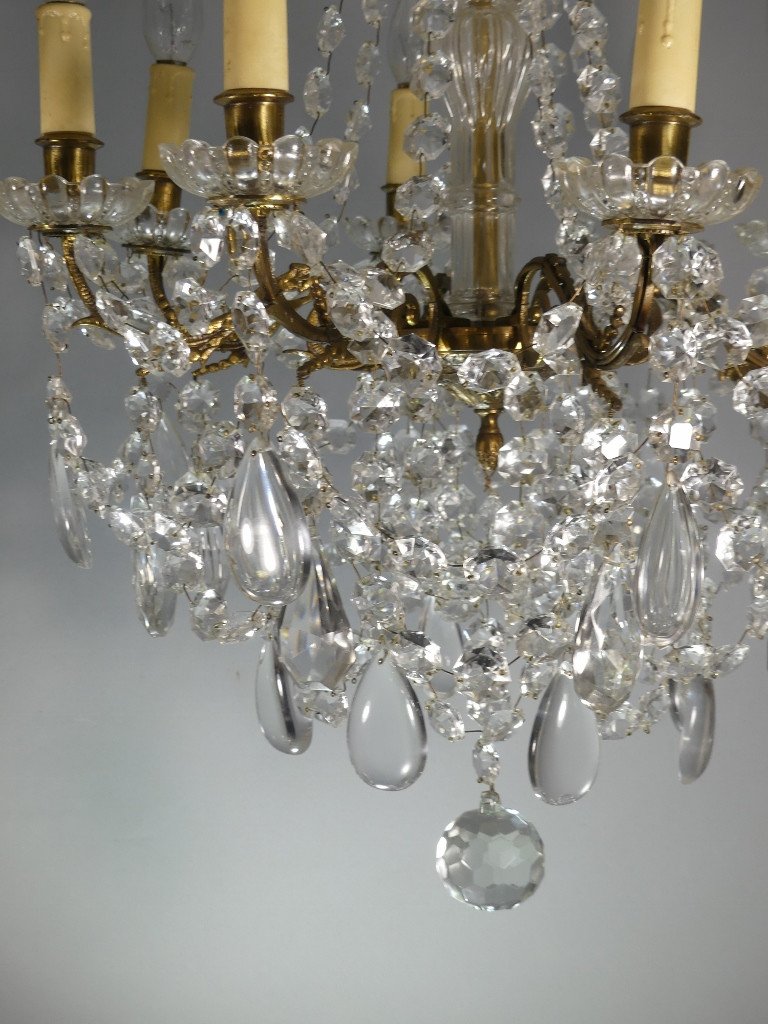 Pair Of Chandeliers With Glass And Brass Tassels, 8 Lights, Mid-20th Century-photo-1