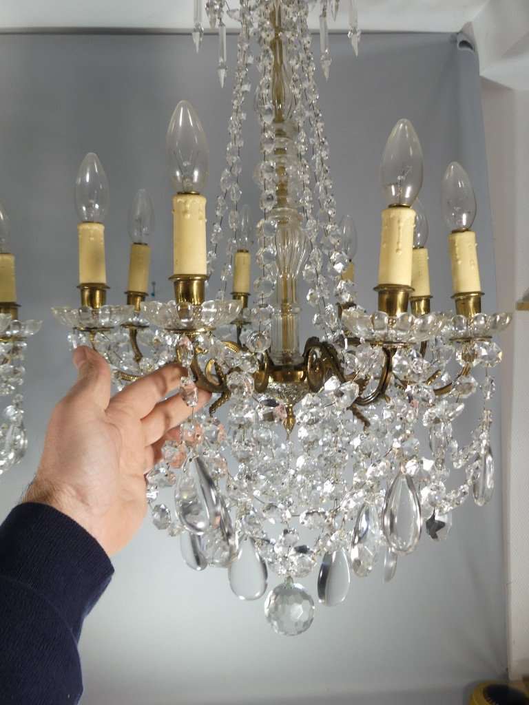 Pair Of Chandeliers With Glass And Brass Tassels, 8 Lights, Mid-20th Century-photo-3