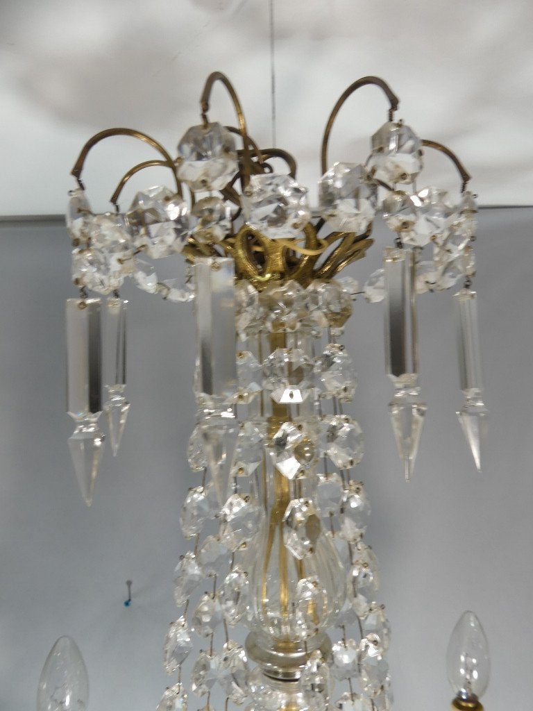 Pair Of Chandeliers With Glass And Brass Tassels, 8 Lights, Mid-20th Century-photo-5