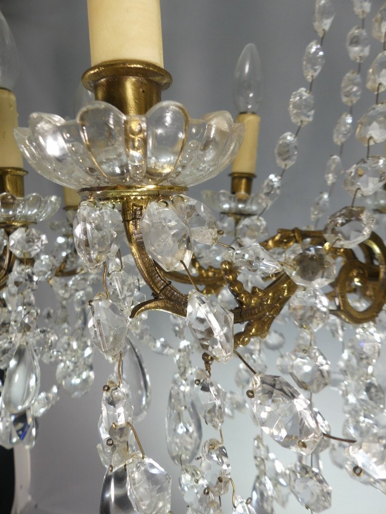 Pair Of Chandeliers With Glass And Brass Tassels, 8 Lights, Mid-20th Century-photo-6