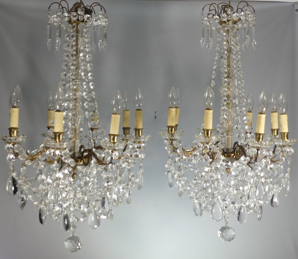 Pair Of Chandeliers With Glass And Brass Tassels, 8 Lights, Mid-20th Century