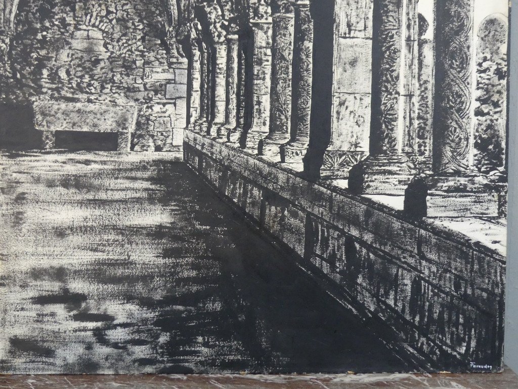 Le Cloître De l'Abbaye, Très Grand Tableau En Noir Et Blanc Peint Sur Bois, époque Fin XX ème-photo-3