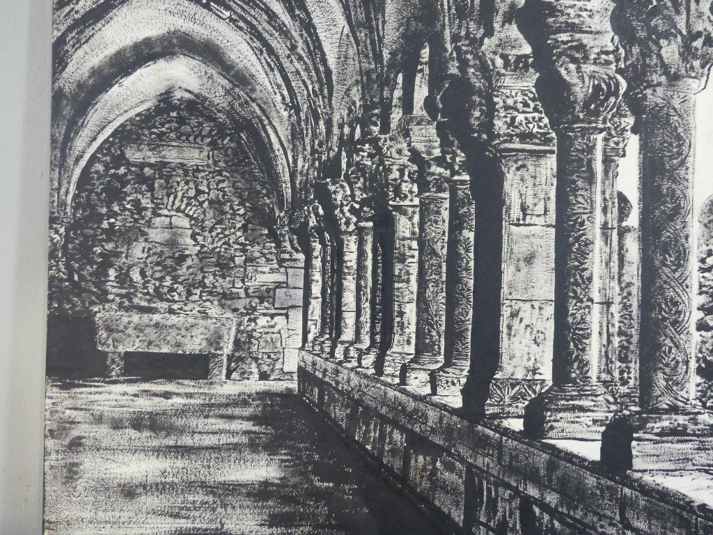 Le Cloître De l'Abbaye, Très Grand Tableau En Noir Et Blanc Peint Sur Bois, époque Fin XX ème-photo-4