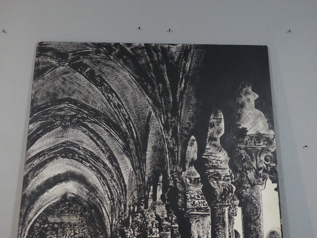 Le Cloître De l'Abbaye, Très Grand Tableau En Noir Et Blanc Peint Sur Bois, époque Fin XX ème-photo-3