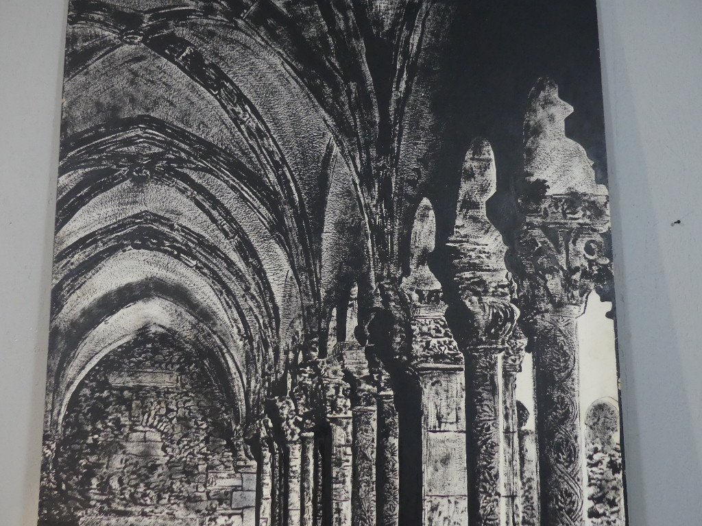 Le Cloître De l'Abbaye, Très Grand Tableau En Noir Et Blanc Peint Sur Bois, époque Fin XX ème-photo-4