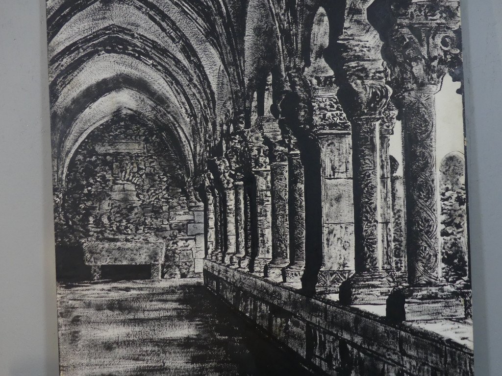 Le Cloître De l'Abbaye, Très Grand Tableau En Noir Et Blanc Peint Sur Bois, époque Fin XX ème-photo-5