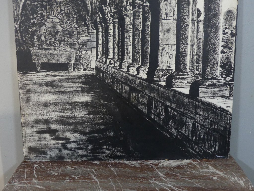 Le Cloître De l'Abbaye, Très Grand Tableau En Noir Et Blanc Peint Sur Bois, époque Fin XX ème-photo-6