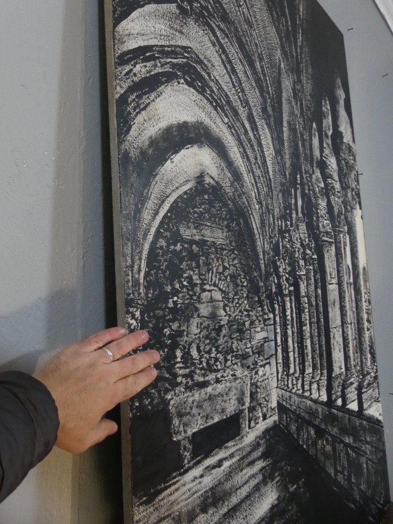 Le Cloître De l'Abbaye, Très Grand Tableau En Noir Et Blanc Peint Sur Bois, époque Fin XX ème-photo-8