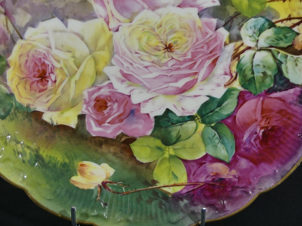 Les Roses, Very Large Decorative Dish Hand Painted Limoges Porcelain-photo-2