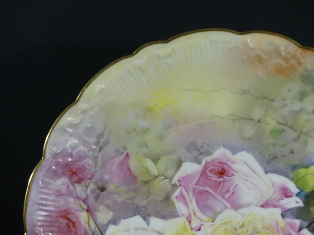 Les Roses, Very Large Decorative Dish Hand Painted Limoges Porcelain-photo-4