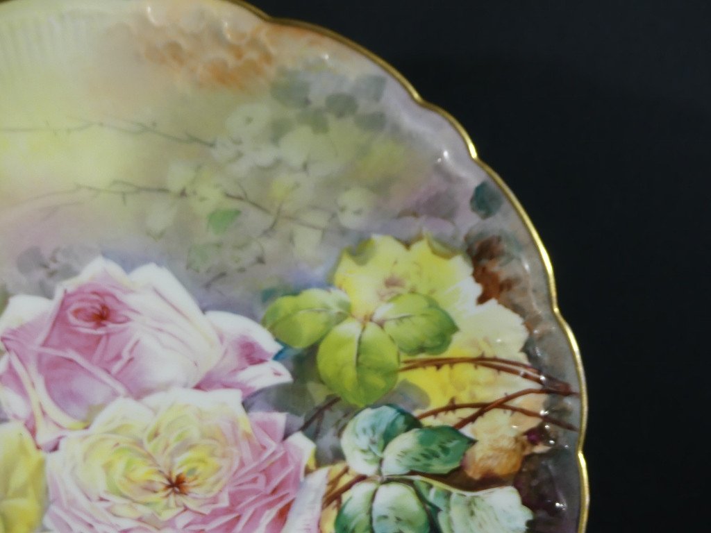 Les Roses, Very Large Decorative Dish Hand Painted Limoges Porcelain-photo-1