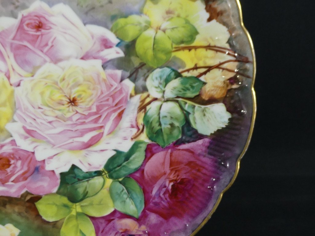 Les Roses, Very Large Decorative Dish Hand Painted Limoges Porcelain-photo-2