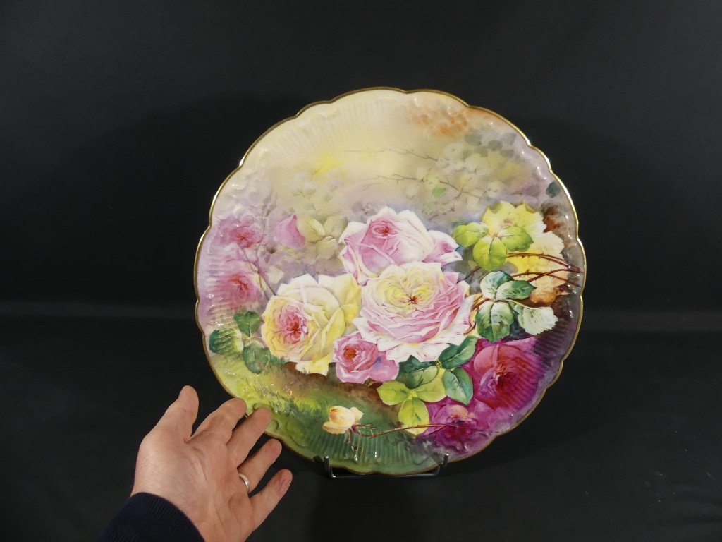 Les Roses, Very Large Decorative Dish Hand Painted Limoges Porcelain-photo-3