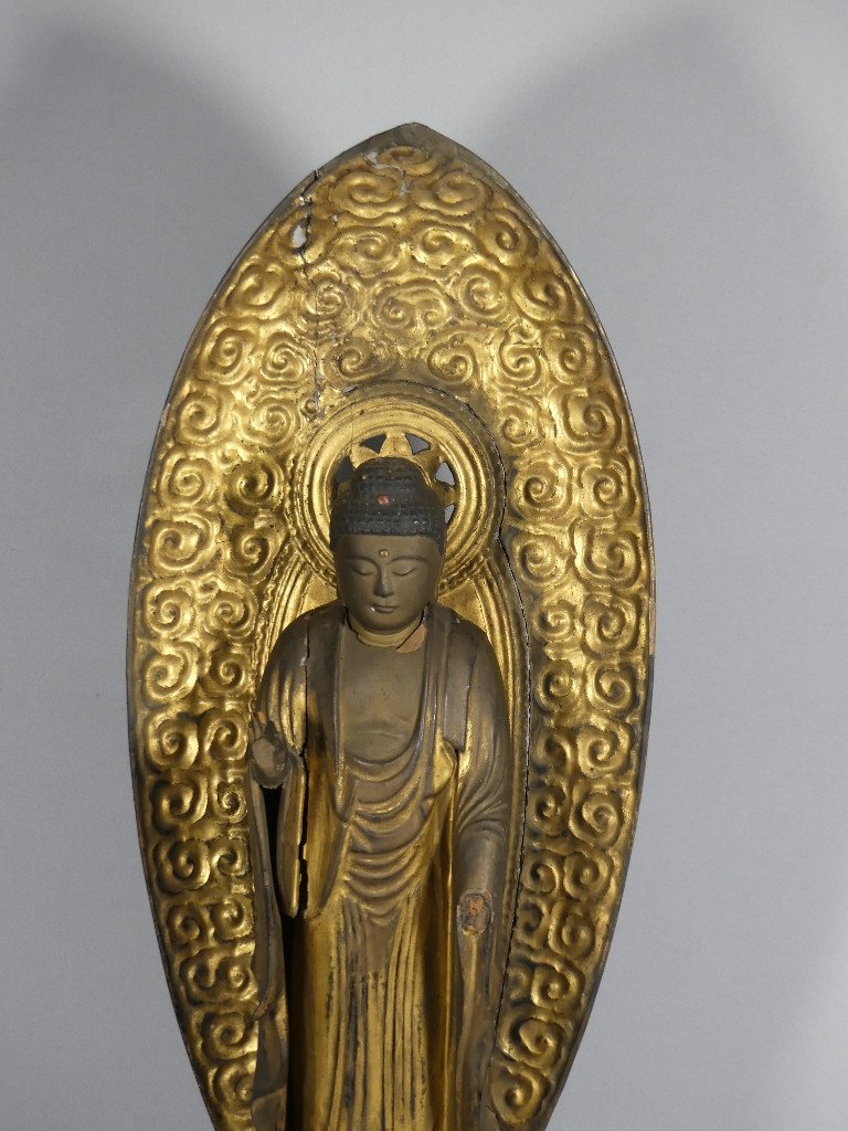 70.5 cm! Bouddha Amida En Bois Sculpt&eacute; Dor&eacute; Et Laqu&eacute;, Japon, P&eacute;riode Edo, XIX &egrave;me Si&egrave;cle-photo-3