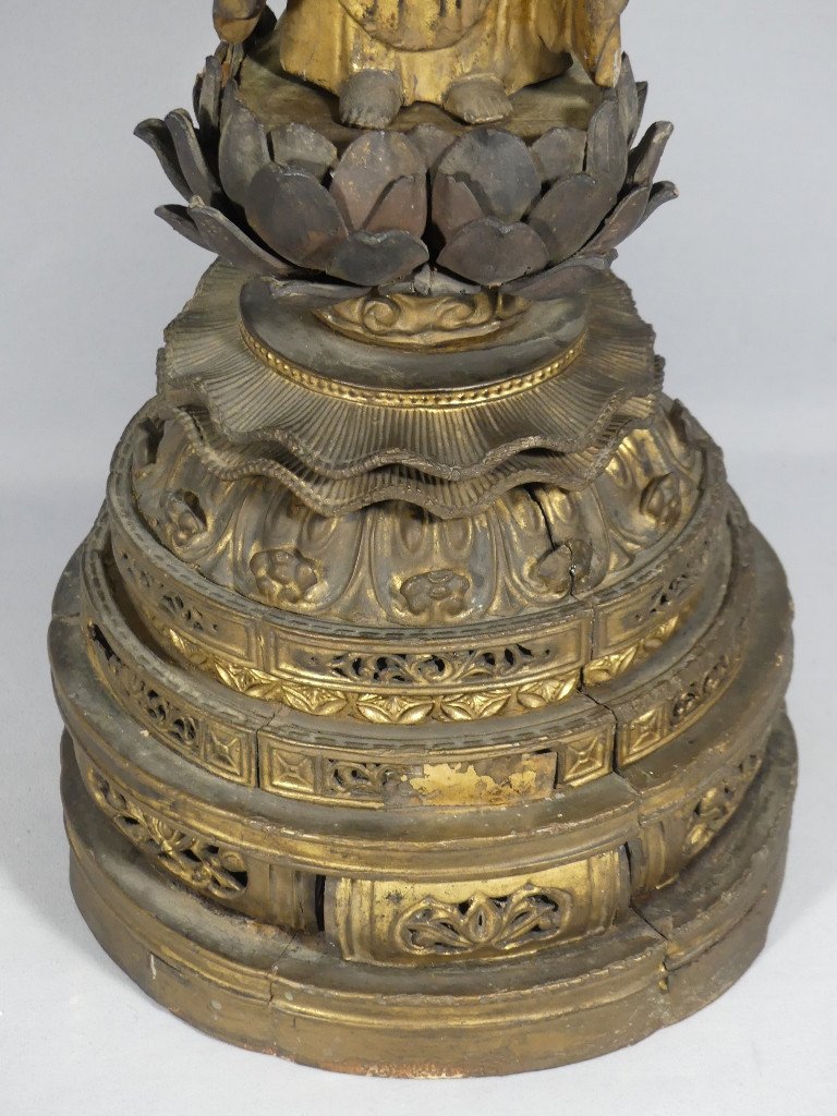 70.5 cm! Bouddha Amida En Bois Sculpt&eacute; Dor&eacute; Et Laqu&eacute;, Japon, P&eacute;riode Edo, XIX &egrave;me Si&egrave;cle-photo-4