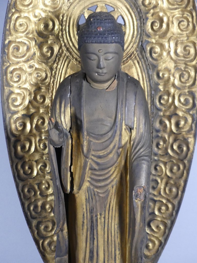 70.5 cm! Bouddha Amida En Bois Sculpt&eacute; Dor&eacute; Et Laqu&eacute;, Japon, P&eacute;riode Edo, XIX &egrave;me Si&egrave;cle-photo-1