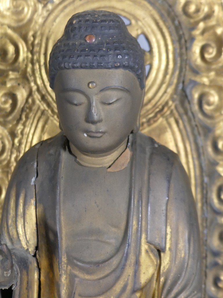 70.5 cm! Bouddha Amida En Bois Sculpt&eacute; Dor&eacute; Et Laqu&eacute;, Japon, P&eacute;riode Edo, XIX &egrave;me Si&egrave;cle-photo-5