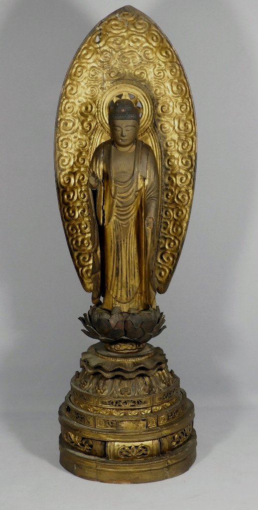 70.5 cm! Bouddha Amida En Bois Sculpt&eacute; Dor&eacute; Et Laqu&eacute;, Japon, P&eacute;riode Edo, XIX &egrave;me Si&egrave;cle