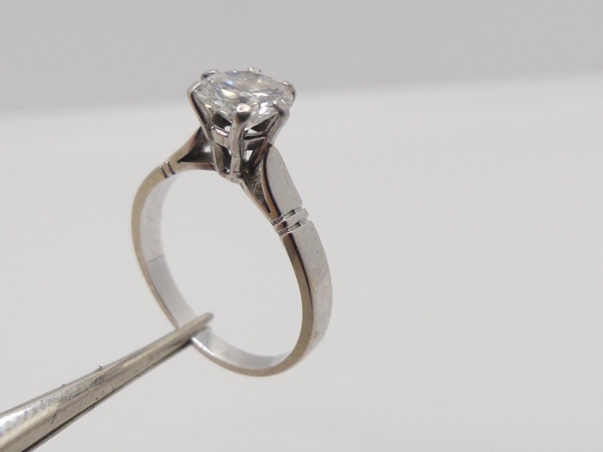 Bague Solitaire Diamant 1 Carat, Or Gris 18 Carats, époque 1960 Fiançailles-photo-4