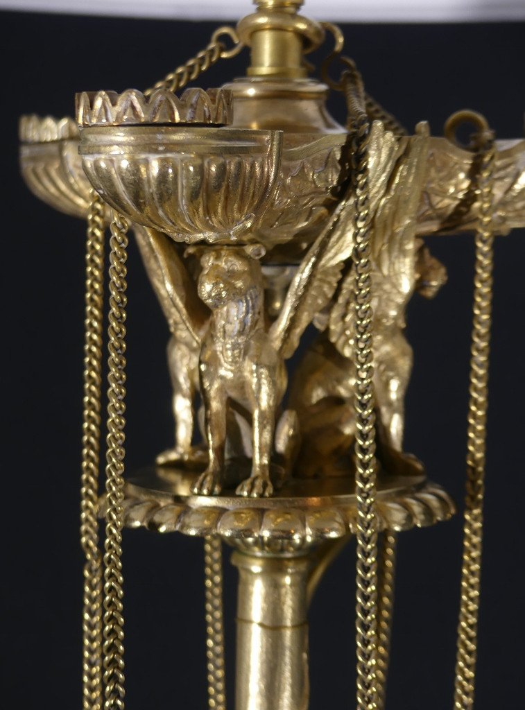 Pair Of Large Candlestick Lamps With Winged Lions In Gilt Bronze, Restoration Period, 19th Century -photo-3