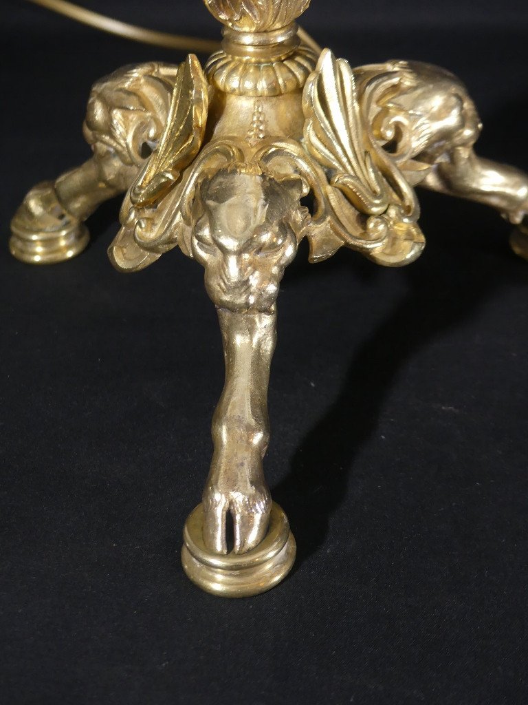 Pair Of Large Candlestick Lamps With Winged Lions In Gilt Bronze, Restoration Period, 19th Century -photo-1