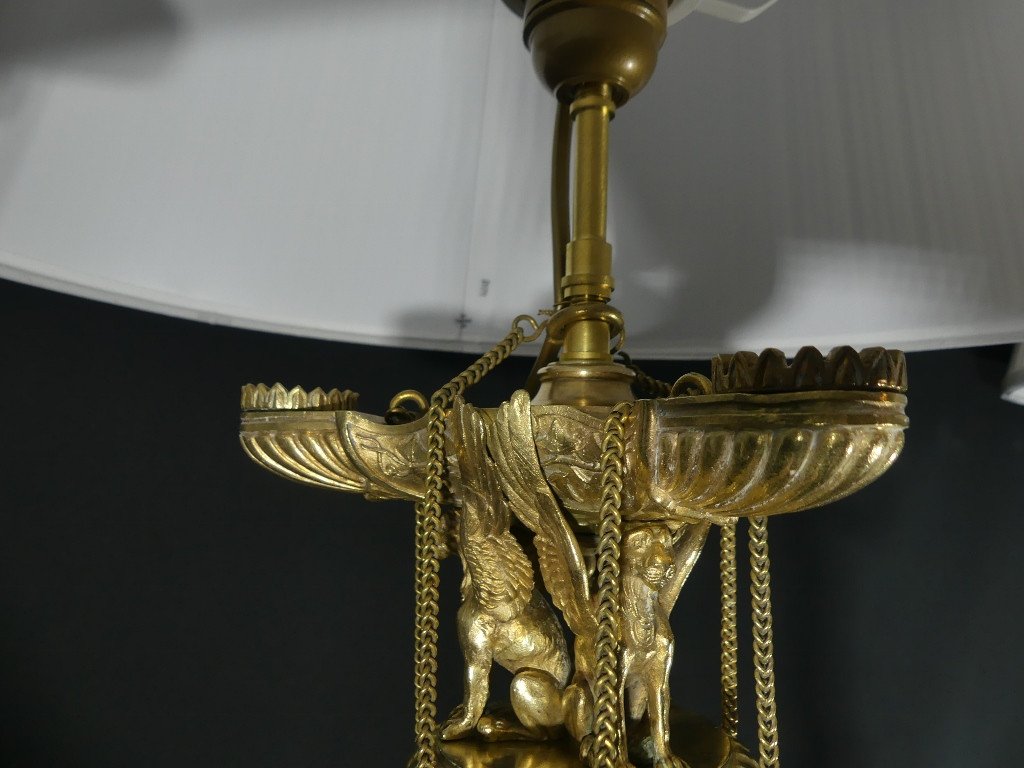 Pair Of Large Candlestick Lamps With Winged Lions In Gilt Bronze, Restoration Period, 19th Century -photo-6