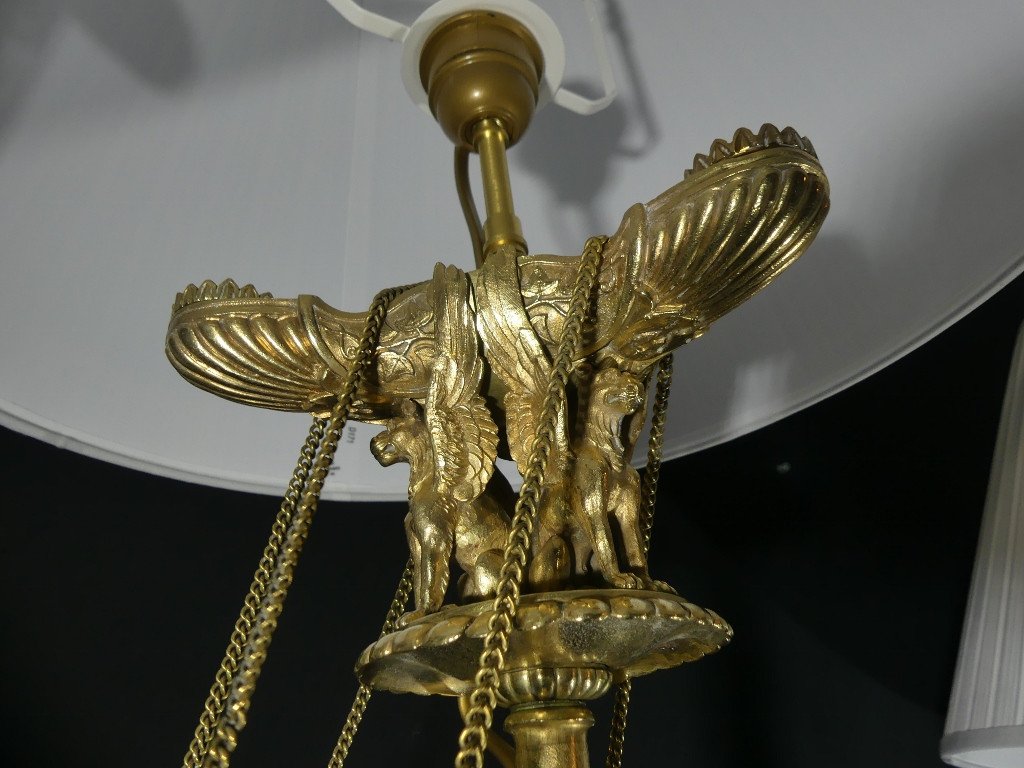 Pair Of Large Candlestick Lamps With Winged Lions In Gilt Bronze, Restoration Period, 19th Century -photo-8