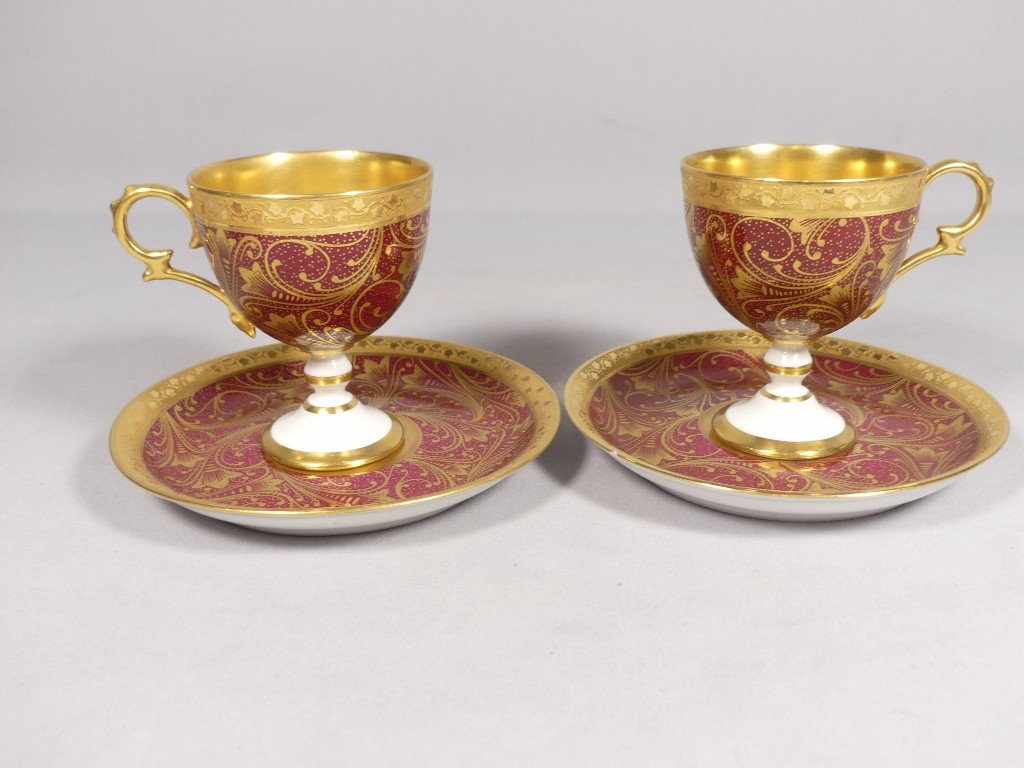 Paire De Tasses De Collection Rouge Et Or Porcelaine Limoges Peinte à La Main-photo-3