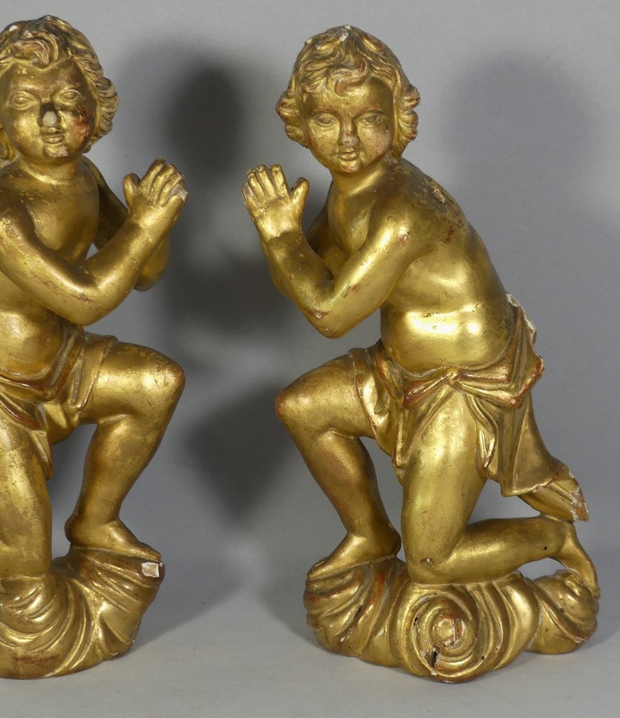 Pair Of Angels In Carved And Gilded Wood, 18th Century-photo-2