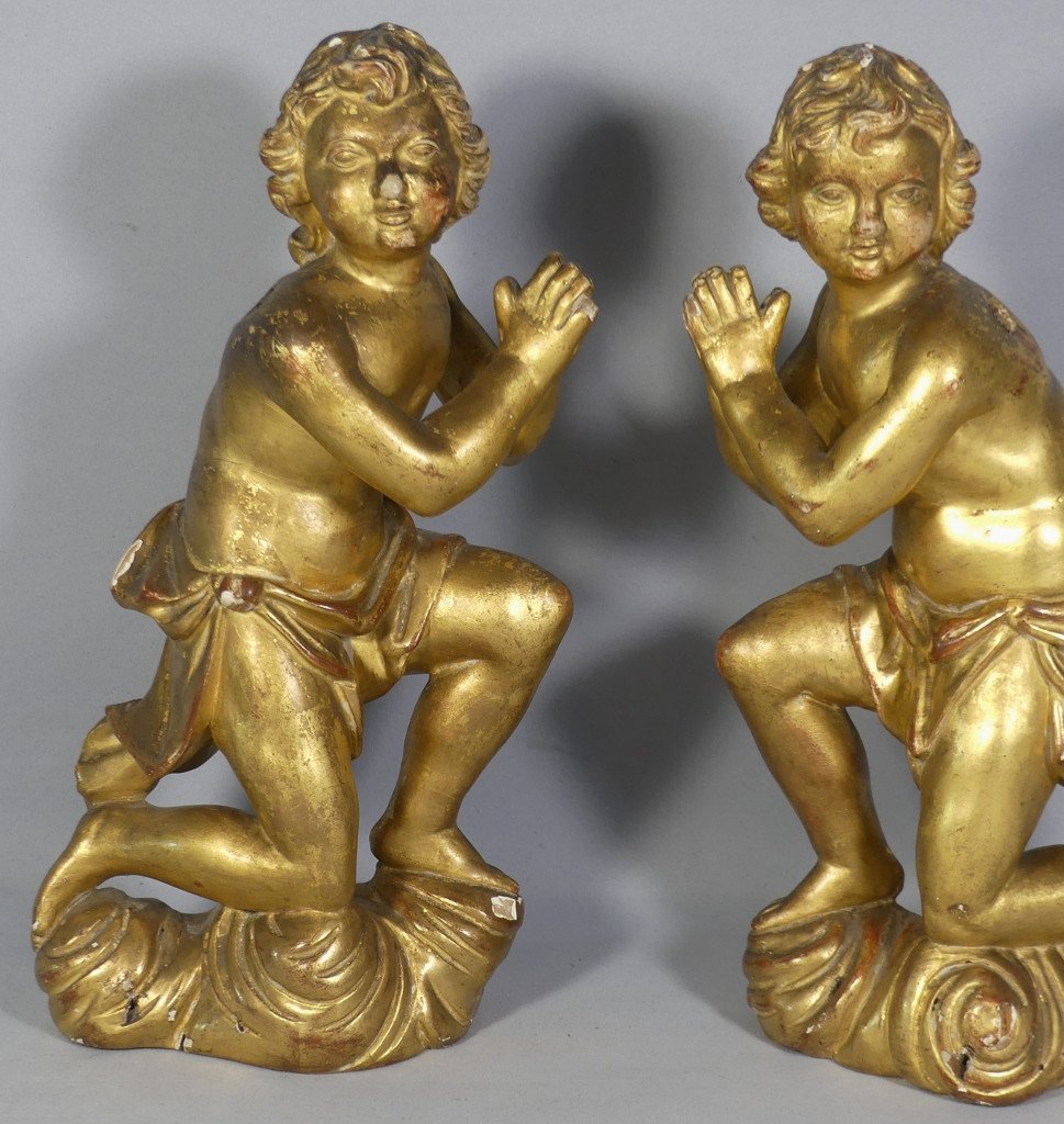 Pair Of Angels In Carved And Gilded Wood, 18th Century-photo-3