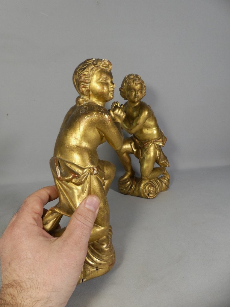 Pair Of Angels In Carved And Gilded Wood, 18th Century-photo-1