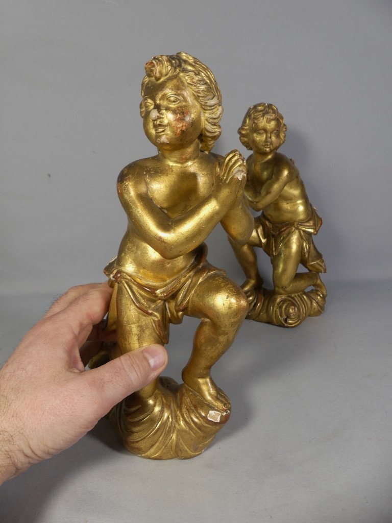 Pair Of Angels In Carved And Gilded Wood, 18th Century-photo-2