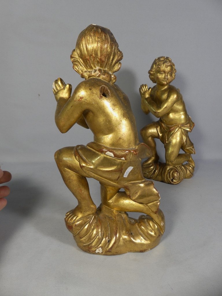 Pair Of Angels In Carved And Gilded Wood, 18th Century-photo-3