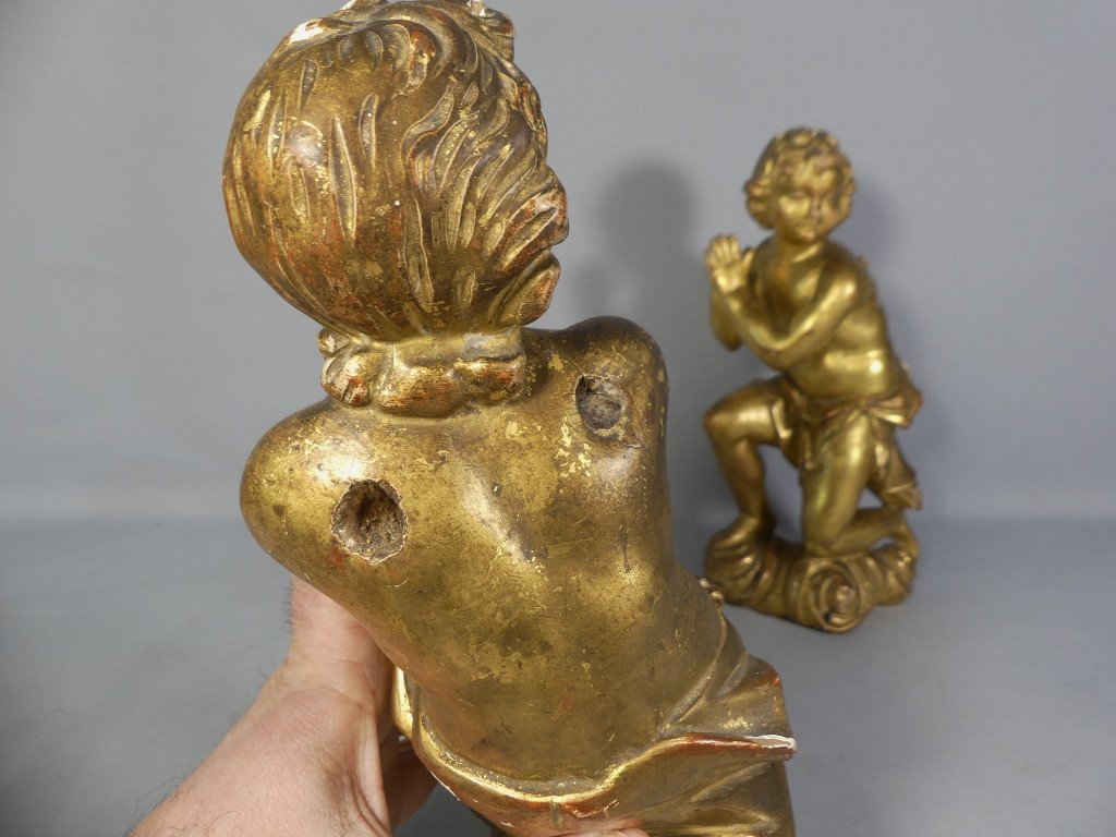 Pair Of Angels In Carved And Gilded Wood, 18th Century-photo-4