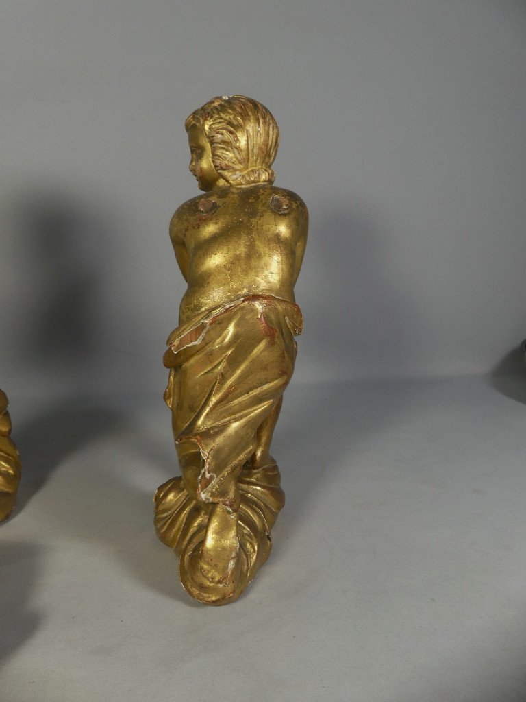 Pair Of Angels In Carved And Gilded Wood, 18th Century-photo-7