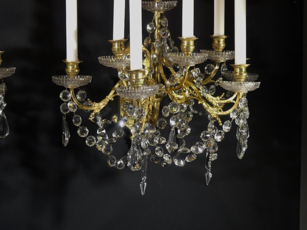 Paire d&#039;Appliques &agrave; 8 Bras De Lumi&egrave;re, Bronze, Laiton, Verre Et Cristal, &eacute;poque XIX &egrave;me-photo-2