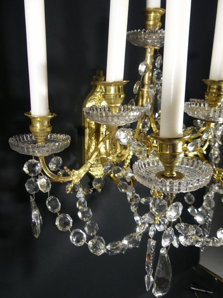 Paire d&#039;Appliques &agrave; 8 Bras De Lumi&egrave;re, Bronze, Laiton, Verre Et Cristal, &eacute;poque XIX &egrave;me-photo-3