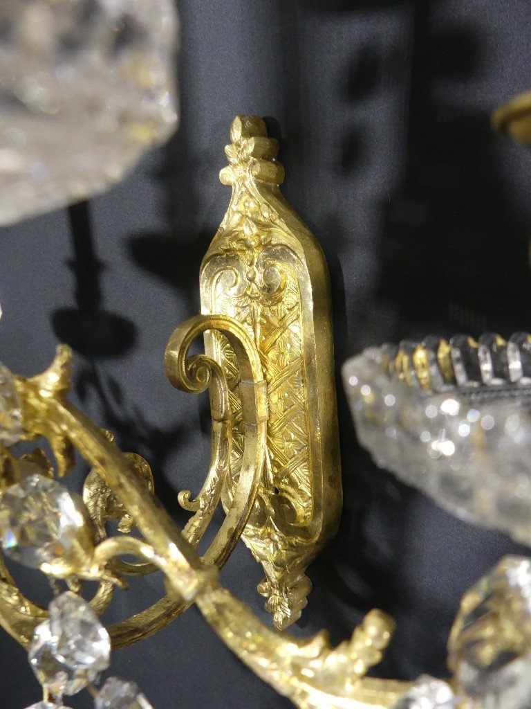 Paire d&#039;Appliques &agrave; 8 Bras De Lumi&egrave;re, Bronze, Laiton, Verre Et Cristal, &eacute;poque XIX &egrave;me-photo-5