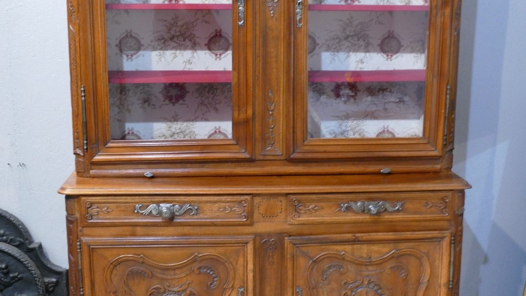 Buffet Louis XV Deux Corps Formant Vitrine En Noyer Sculpté, époque XVIII ème, Sud Ouest -photo-1