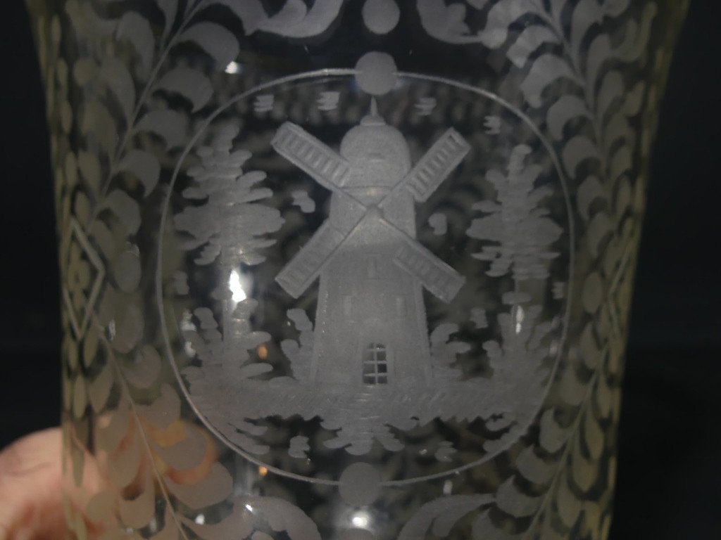 Dutch Etched Glass Vase, Boat, Mill And Lighthouse, Netherlands, 19th Century-photo-2