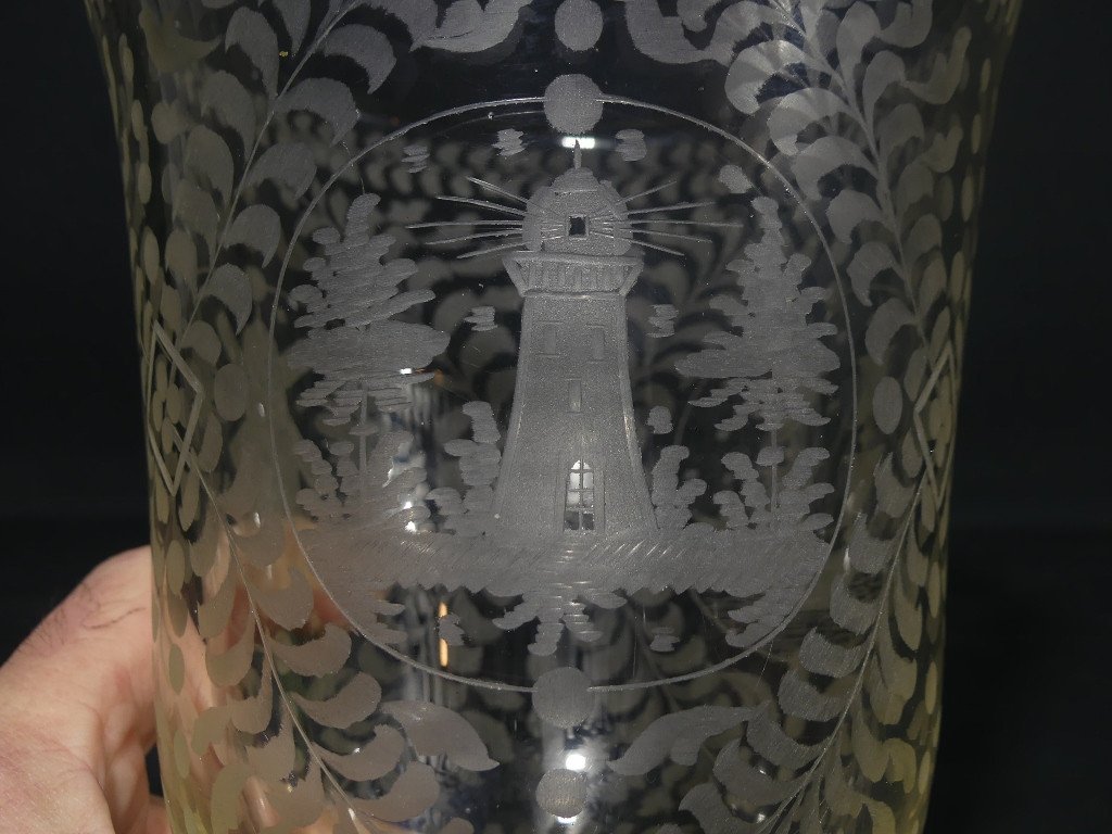 Dutch Etched Glass Vase, Boat, Mill And Lighthouse, Netherlands, 19th Century-photo-3