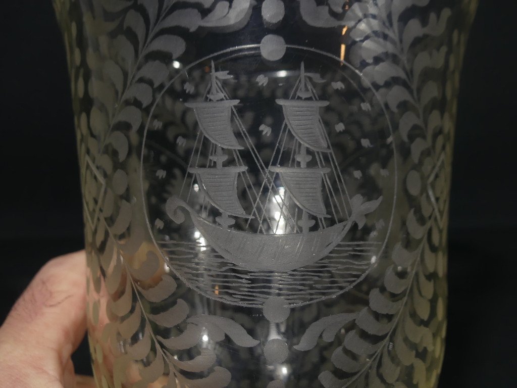 Dutch Etched Glass Vase, Boat, Mill And Lighthouse, Netherlands, 19th Century-photo-4